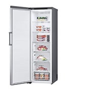 LG 324L Vapaasti seisova pakastin (Shiny Steel) - Energialuokka E, Total No Frost, Express Freeze, Perspektiivinäkymä oikealta avoinna ruokaa, GFT41PZGSZ, thumbnail 12