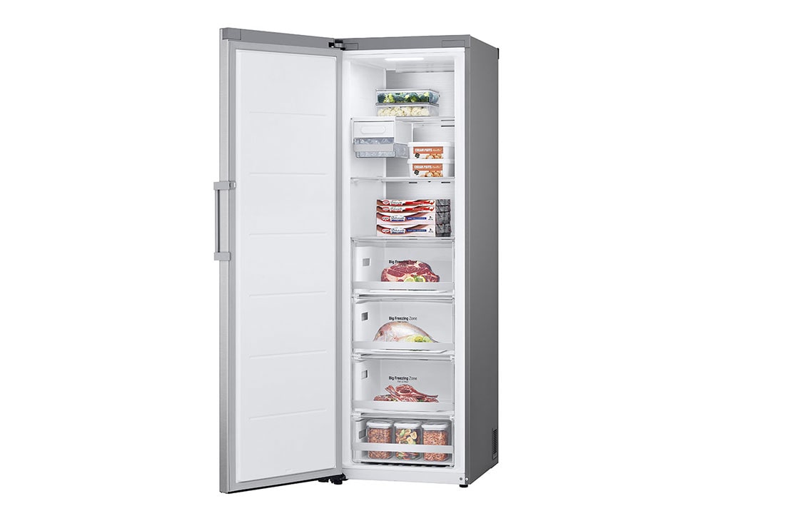 LG 324L Vapaasti seisova pakastin (Metal Sorbet) - Energialuokka D, Total No Frost, Express Freeze, Perspektiivinäkymä oikealta avoinna ruokaa, GFM61MBCSF, thumbnail 12