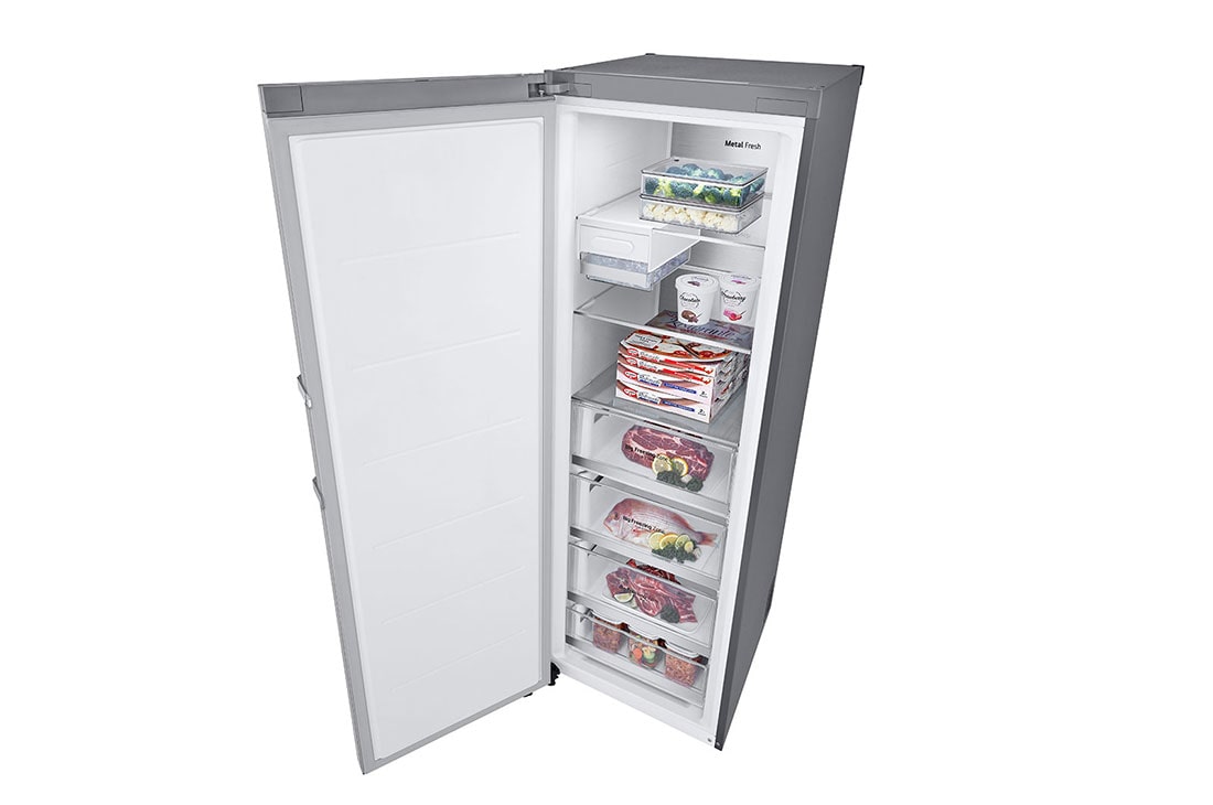 LG 324L Vapaasti seisova pakastin (Metal Sorbet) - Energialuokka D, Total No Frost, Express Freeze, Ylänäkymä oikealta avoinna ruokaa, GFM61MBCSF, thumbnail 15