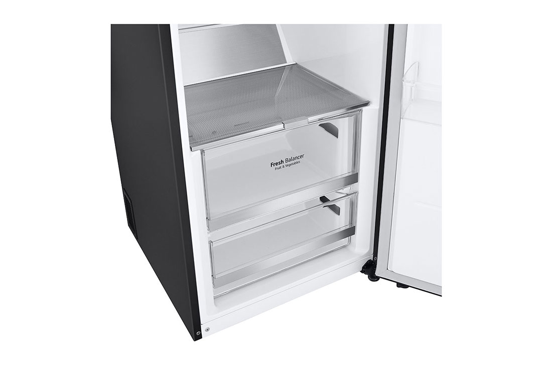 LG 386L Vapaasti seisova jääkaappi (Matte Black) - Energialuokka D, Door Cooling™, LINEARCooling™, FRESHBalancer™, Smart Diagnosis™ - Wi-Fi-yhteys, Etupuoli avoinna ruokaa, GLM71MCCSF, thumbnail 5