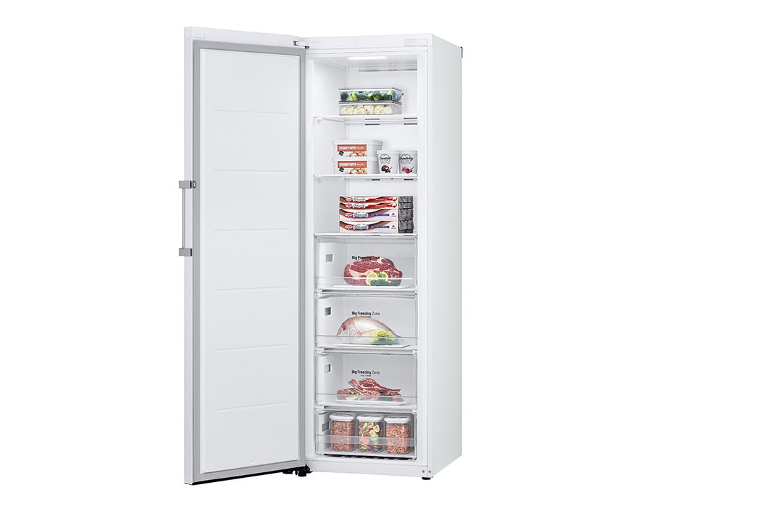 LG 324L Vapaasti seisova pakastin (Valkoinen) - Energialuokka E, Total No Frost, Express Freeze, Smart Diagnosis™ - Wi-Fi-yhteys, Perspektiivinäkymä oikealta avoinna ruokaa, GFE41SWGSZ, thumbnail 9