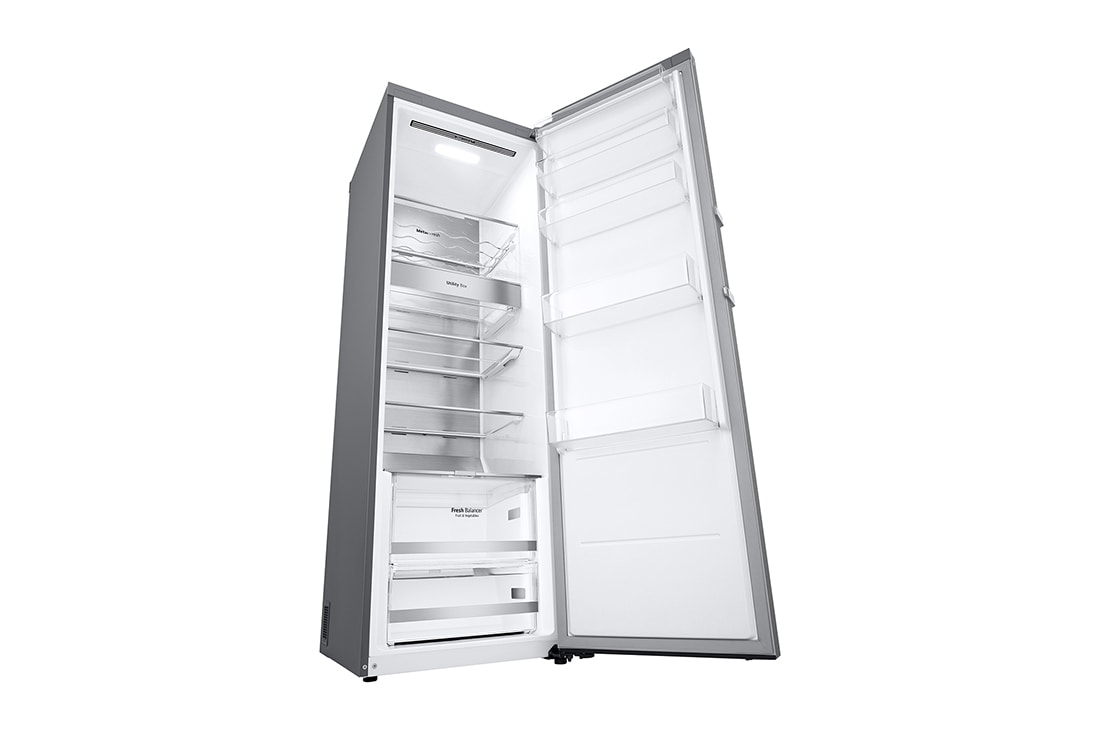 LG 386L Vapaasti seisova jääkaappi (Metal Sorbet) - Energialuokka D, Door Cooling™, LINEARCooling™, FRESHBalancer™, Smart Diagnosis™ - Wi-Fi-yhteys, Vasen sivunäkymä avoinna ruokaa, GLM71MBCSF, thumbnail 12