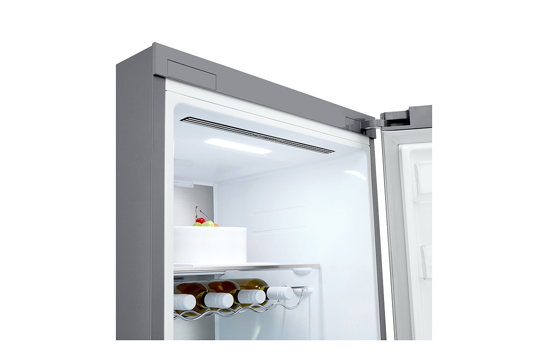 LG 386L Vapaasti seisova jääkaappi (Metal Sorbet) - Energialuokka D, Door Cooling™, LINEARCooling™, FRESHBalancer™, Smart Diagnosis™ - Wi-Fi-yhteys, Perspektiivinäkymä vasemmalta avoinna ruokaa, GLM71MBCSF, thumbnail 9