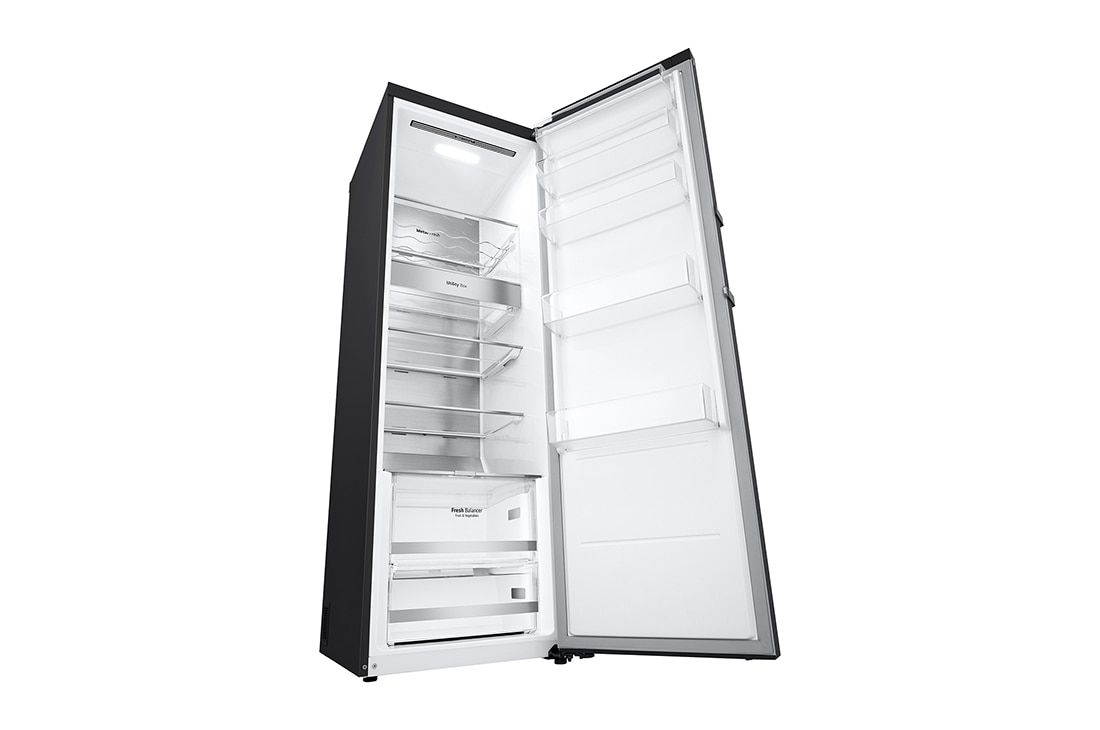 LG 386L Vapaasti seisova jääkaappi (Matte Black) - Energialuokka D, Door Cooling™, LINEARCooling™, FRESHBalancer™, Smart Diagnosis™ - Wi-Fi-yhteys, Vasen sivunäkymä avoinna ruokaa, GLM71MCCSF, thumbnail 12
