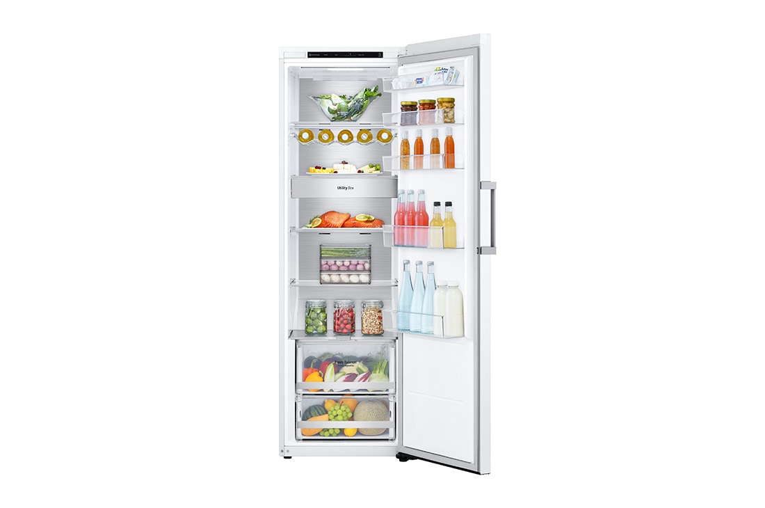 LG 386L Vapaasti seisova jääkaappi (Valkoinen) - Energialuokka D, Door Cooling™, LINEARCooling™, FRESHBalancer™, Smart Diagnosis™, Etupuoli avoinna ruokaa, GLT71SWCSF, thumbnail 5
