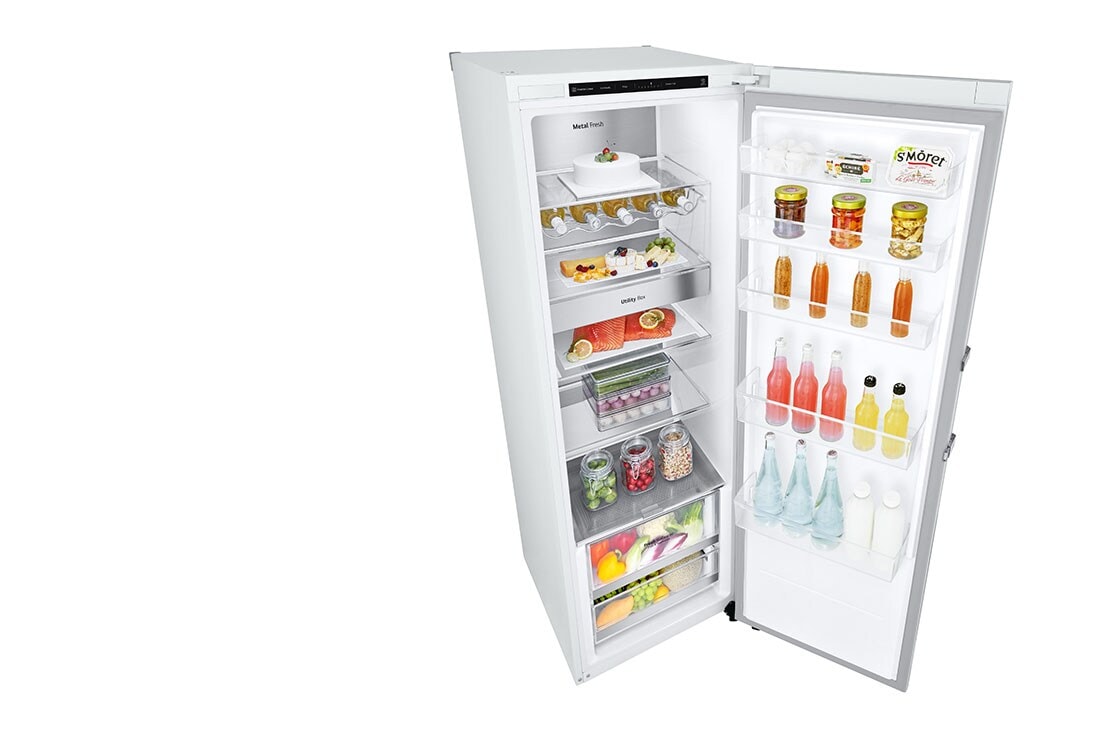LG 386L Vapaasti seisova jääkaappi (Valkoinen) - Energialuokka D, Door Cooling™, LINEARCooling™, FRESHBalancer™, Smart Diagnosis™, Perspektiivinäkymä vasemmalta avoinna ruokaa, GLT71SWCSF, thumbnail 9
