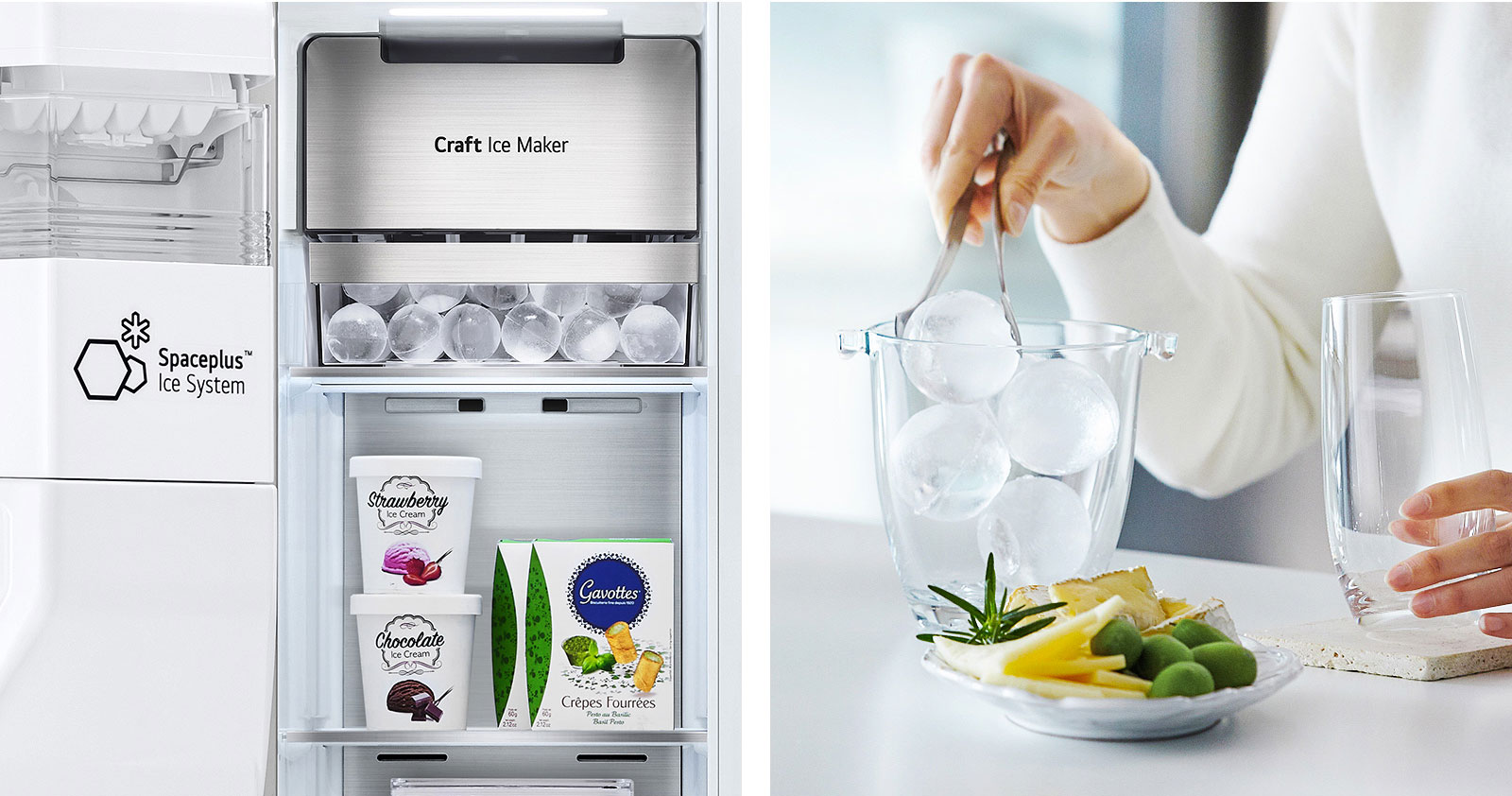 Two images are side by side. The left image shows the interior of the freezer stocked with ice cream and the Craft Ice Maker in the top with perfectly round ice cubes in the drawer. The right image shows a hand using tongs to grab round ice cubes to put in a class.