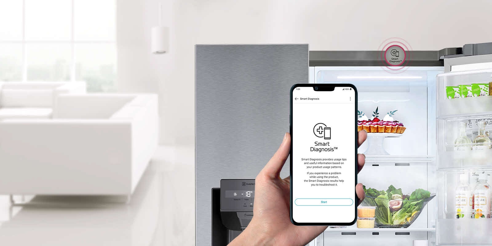 A hand holds a phone. The screen of the phone shows the Smart Diagnosis app. The refrigerator in the background has one side open showing the contents inside. There is a Smart Diagnosis icon above the refrigerator.