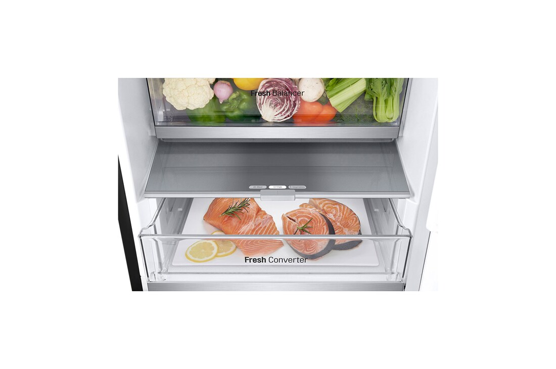 LG 2.03M 387L Jääkaappipakastimet (Essence Black Steel ) - Energialuokka C, Nature Fresh, Door Cooling+™ ja Smart Diagnosis™, inside view with food, GBV7280CEV, thumbnail 4