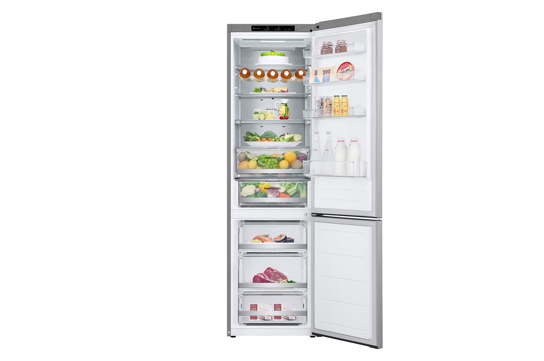 LG 2.03M 387L Jääkaappipakastimet (Prime Silver) - Energialuokka C, Nature Fresh, Door Cooling+™ ja Smart Diagnosis™, front door open view with food, GBV7280CPY, thumbnail 2