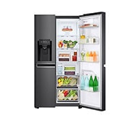 LG 634L Side by Side (Matte Black Stainless Steel), Jään ja veden annostelija, Energialuokka F, Vesi/jää ilman vesijohtoliitäntää, Smart Diagnosis™, front view half open , GSLV31MCXM, thumbnail 2