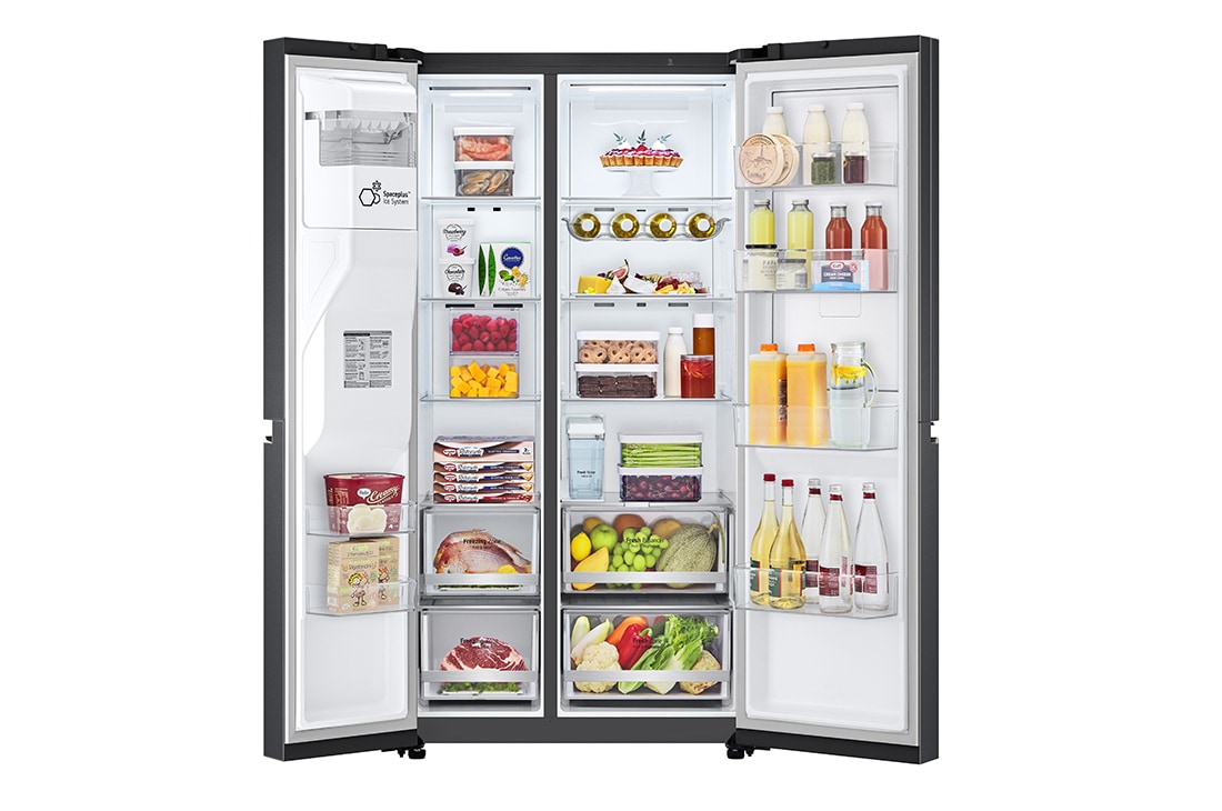 LG 635L Door in Door™ Side by Side (Matte Black Stainless Steel), Energialuokka E, Vesi/jää ilman vesijohtoliitäntää, Smart Diagnosis™ - Wi-Fi-yhteys, Front Open with Food, GSJV71MCLE, thumbnail 2