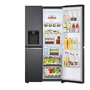 LG 635L Door in Door™ Side by Side (Matte Black Stainless Steel), Energialuokka E, Vesi/jää ilman vesijohtoliitäntää, Smart Diagnosis™ - Wi-Fi-yhteys, Front Right Open with food, GSJV71MCLE, thumbnail 11