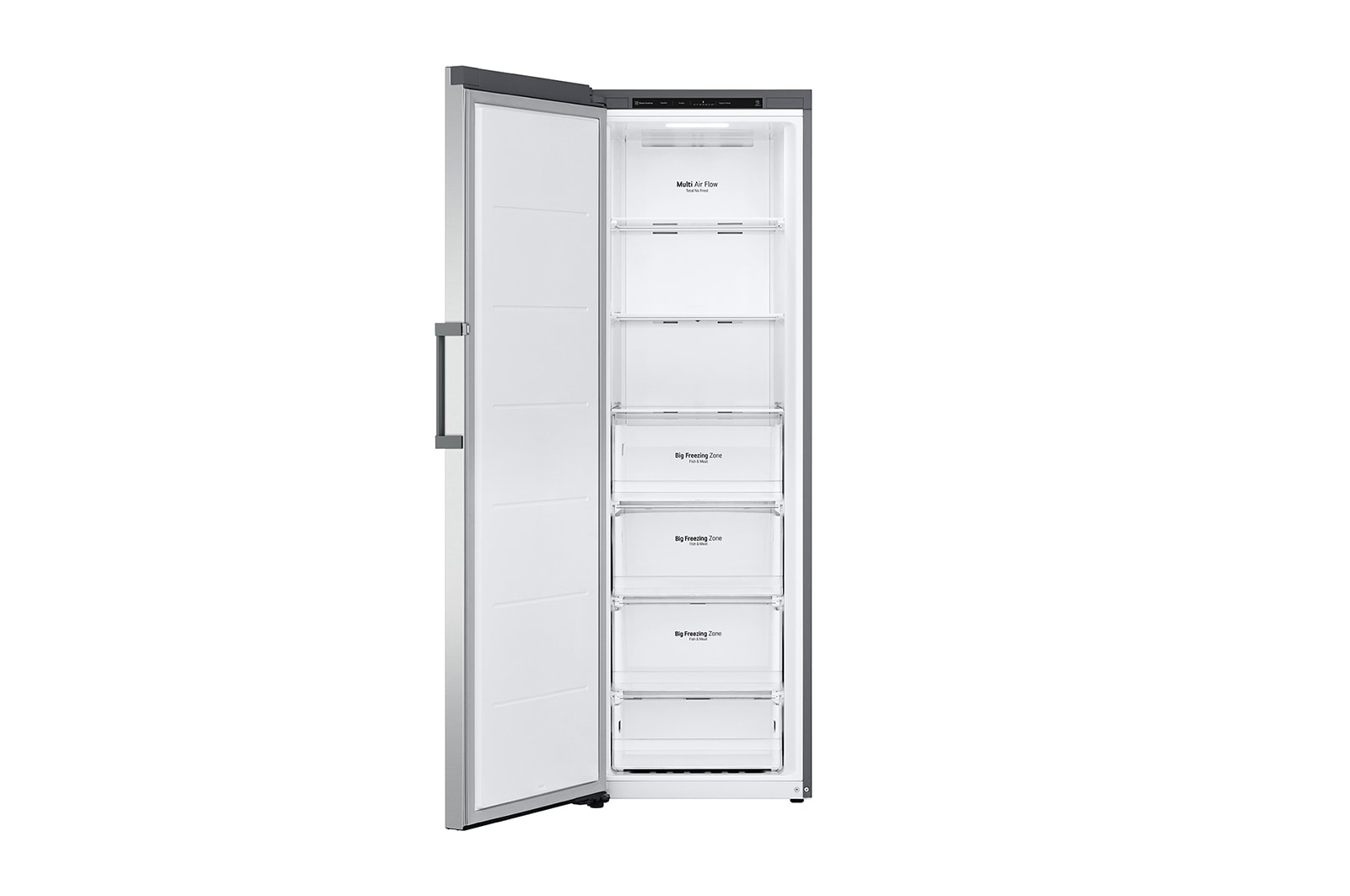 LG 324L Vapaasti seisova pakastin (Shiny Steel) - Energialuokka D, Total No Frost, Express Freeze, Etupuoli avoinna ruokaa, GFT41PZGSF, thumbnail 3