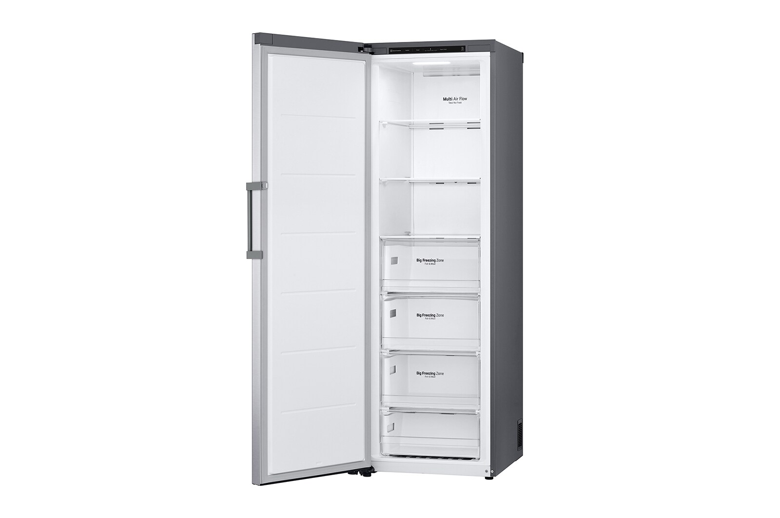 LG 324L Vapaasti seisova pakastin (Shiny Steel) - Energialuokka D, Total No Frost, Express Freeze, Perspektiivinäkymä oikealta avoinna ruokaa, GFT41PZGSF, thumbnail 12