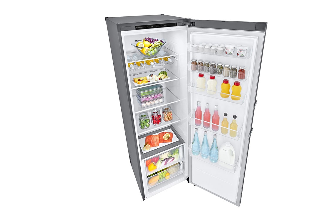 LG 386L Vapaasti seisova jääkaappi (Shiny Steel) - Energialuokka D, Door Cooling™, LINEARCooling™, Moist Balance Crisper™, Top Left Door Open with Food view, GLT51PZGSF, thumbnail 10