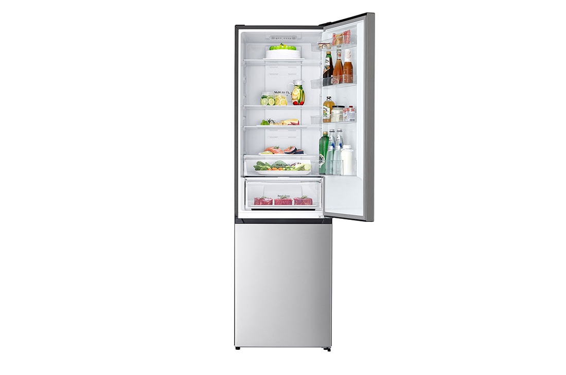 LG 2.03M 336L Jääkaappipakastimet(Silver) - Energialuokka D, Fresh Switch, Zero Clearance, Total No Frost, front top door open with food, GBM22HSADH, thumbnail 2