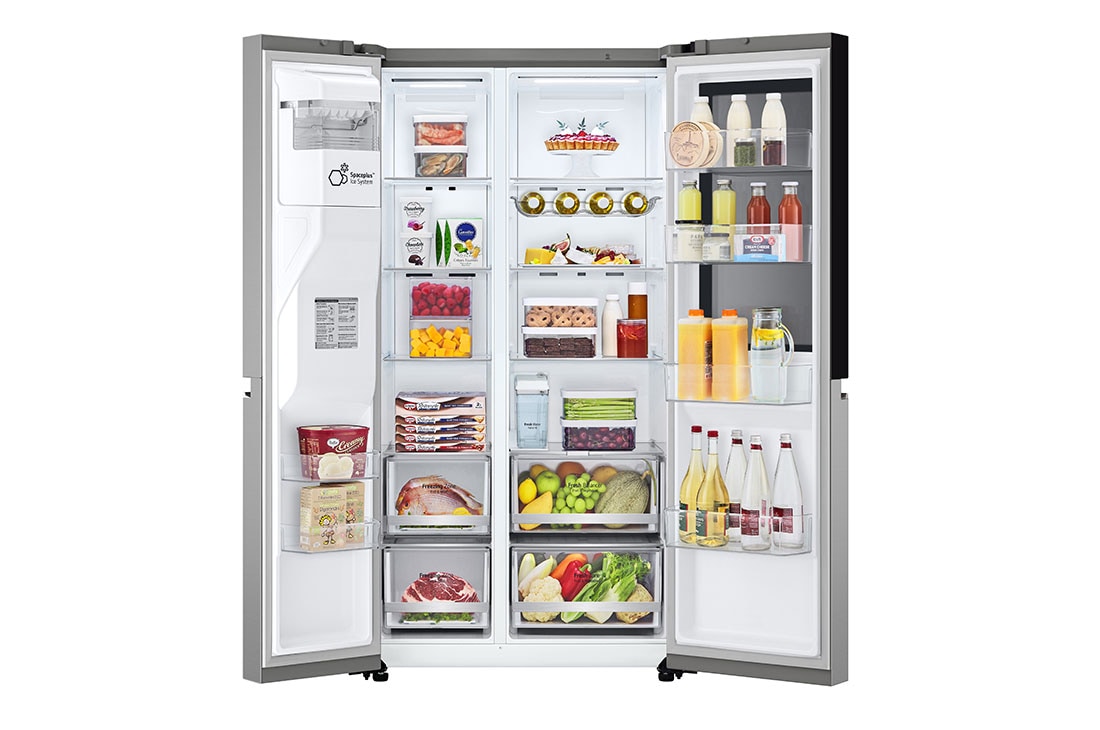 LG 635L InstaView™ Side by Side (Prime Silver), Energialuokka E, Vesi/jää ilman vesijohtoliitäntää, Smart Diagnosis™ kanssa Wi-Fi, front door open with food, GSGV81PYLL, thumbnail 3