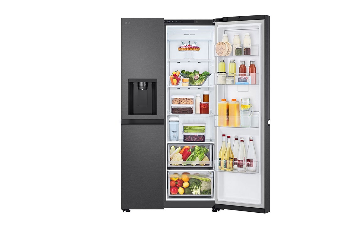 LG 641L Side by Side (Matte Black), Energialuokka E, Vesi/jää ilman vesijohtoliitäntää, Smart Diagnosis™ , right door open with food , GSJC41EPPE, thumbnail 4