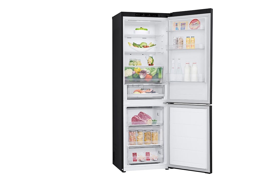 LG 1.86M 344L Jääkaappipakastimet (Matte Black) - Energialuokka E, Nature Fresh, Door Cooling+™ ja Smart Diagnosis™, top door open with food stored, GBV3100EEP, thumbnail 11