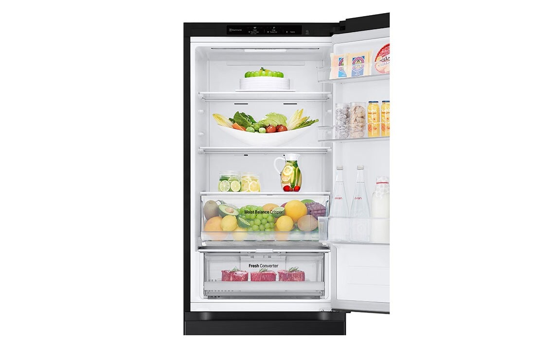 LG 1.86M 344L Jääkaappipakastimet (Matte Black) - Energialuokka E, Nature Fresh, Door Cooling+™ ja Smart Diagnosis™, Front open with food stored, GBV3100EEP, thumbnail 7