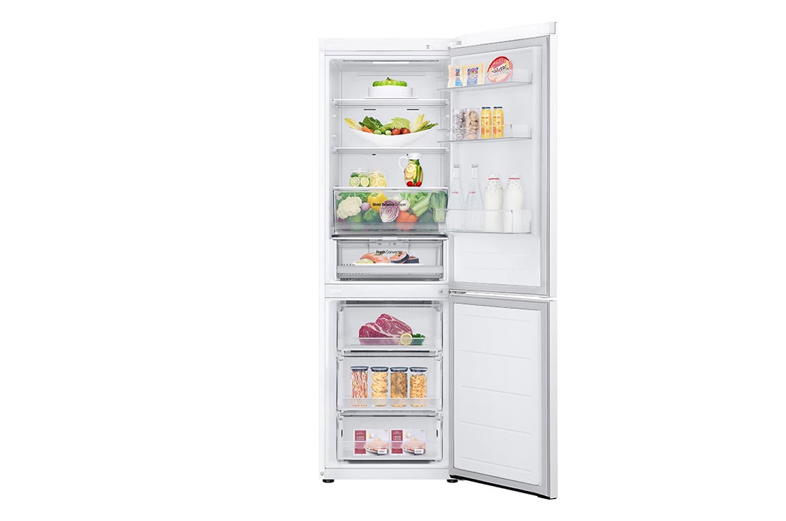 LG 1.86M 344L Jääkaappipakastimet (Valkoinen) - Energialuokka E, Nature Fresh, Door Cooling+™ ja Smart Diagnosis™, Front all door open with food, GBV3100ESW, thumbnail 3