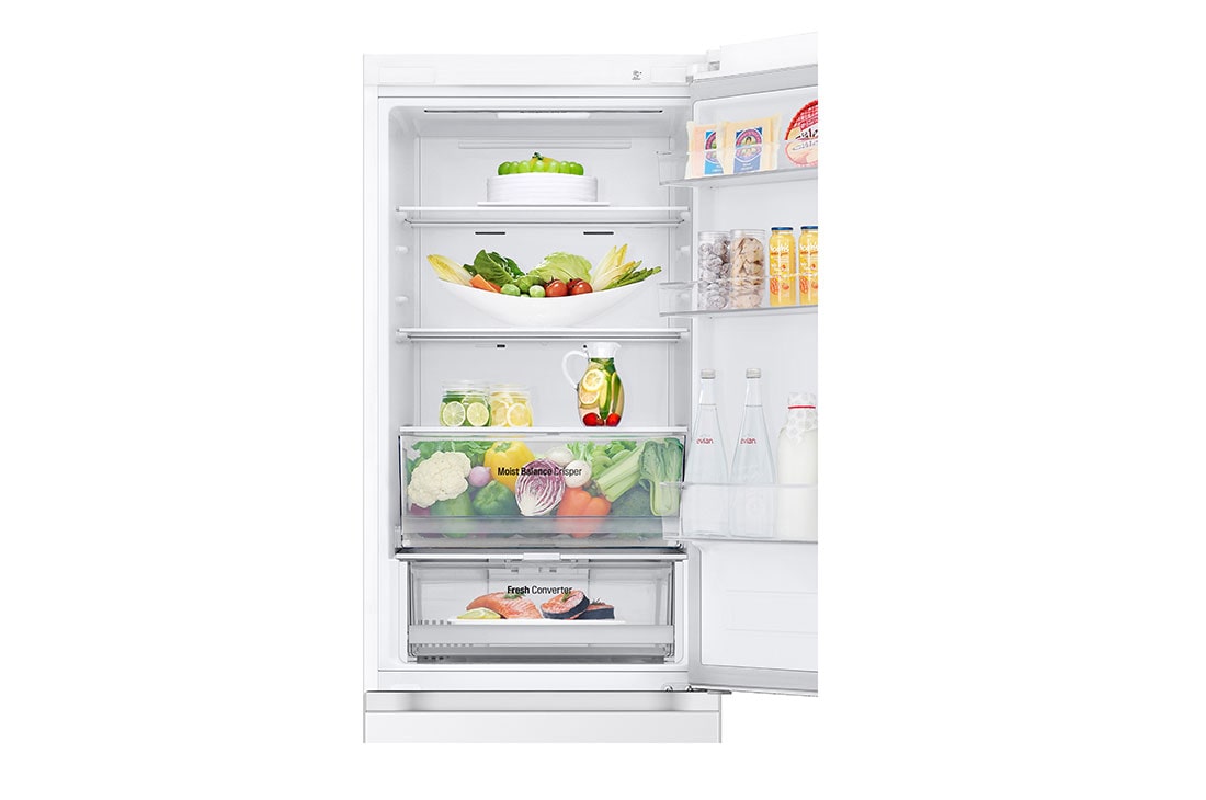 LG 1.86M 344L Jääkaappipakastimet (Valkoinen) - Energialuokka E, Nature Fresh, Door Cooling+™ ja Smart Diagnosis™, Top door open with food, GBV3100ESW, thumbnail 6