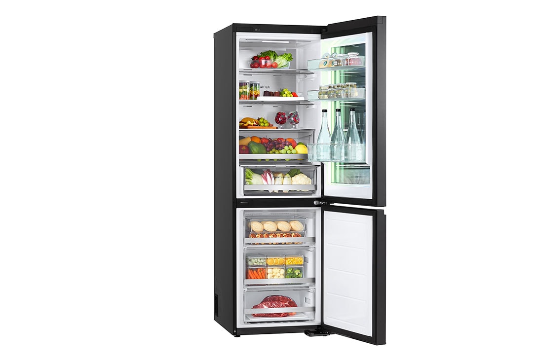 LG 186M 352L Jääkaappipakastimet(Essence Black) - Energialuokka D, InstaView™, Nature Fresh, Door Cooling+™ Smart Diagnosis™ kanssa Wi-Fi, Right side open with food stored, GBG7190CEV, thumbnail 15