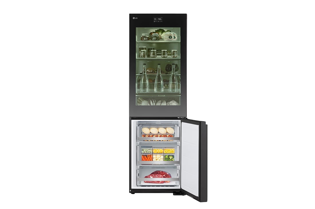 LG 186M 352L Jääkaappipakastimet(Essence Black) - Energialuokka D, InstaView™, Nature Fresh, Door Cooling+™ Smart Diagnosis™ kanssa Wi-Fi, bottom door open with food stored, GBG7190CEV, thumbnail 6