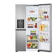 LG 638L Door in Door™ Side by Side (Prime Silver), Energialuokka E, Vesi/jää ilman vesijohtoliitäntää, Smart Diagnosis™ , top right open with food , GSJC40PYPE, thumbnail 4