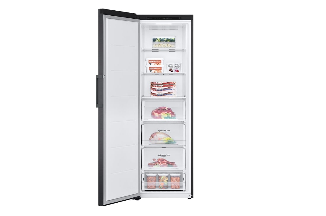 LG                             324L: n Erillinen pakastin (Matte Black) - Energialuokka D, Total No Frost, Express Freeze   , Open view with food, GFT41MCGSF, thumbnail 2