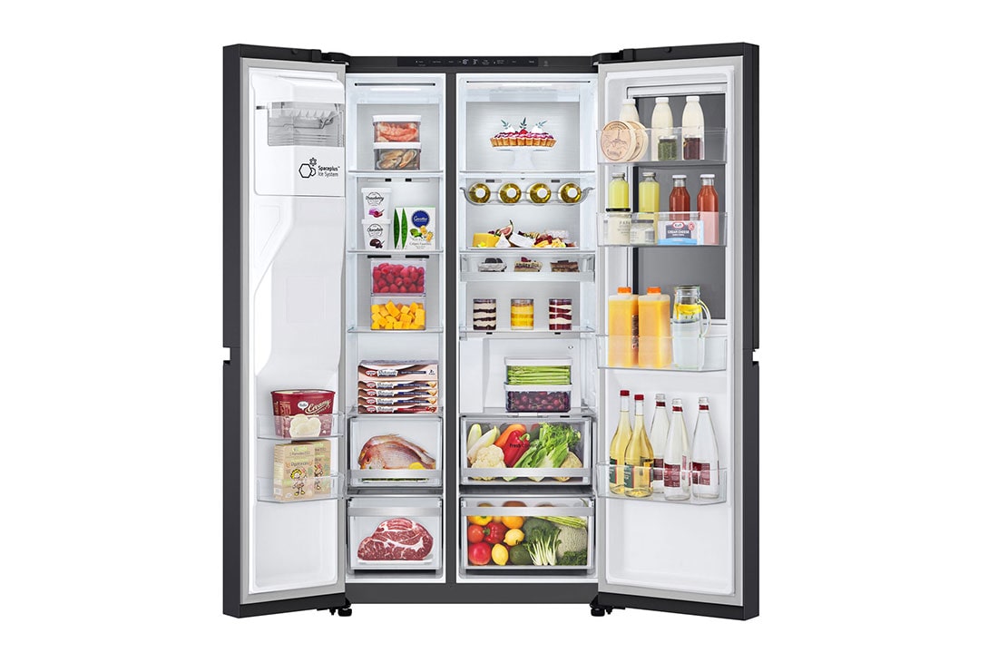 LG 628L InstaView Door in Door™ Side by Side (Essence Black), Energialuokka D, Vesi/jää ilman vesijohtoliitäntää, Smart Diagnosis™ ja Wi-Fi, Etunäkymä, ovi auki, GSXE90EVAD, thumbnail 4