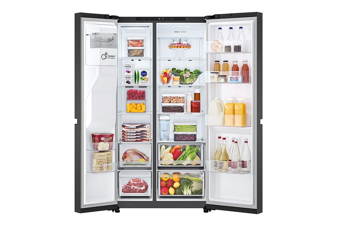 LG 641L Door in Door™ Side by Side (Matte Black), Energialuokka E, Vesi/jää vesijohtoliitännällä, Smart Diagnosis™ , Double door open with food, GSLC41EPPE, thumbnail 2