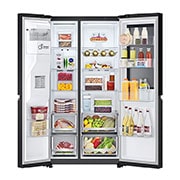 LG 635L InstaView™ Side by Side (Matte Black), Energialuokka E, Vesi/jää vesijohtoliitännällä, Smart Diagnosis™ ja Wi-Fi, front door open with food, GSGV81EPLL, thumbnail 3