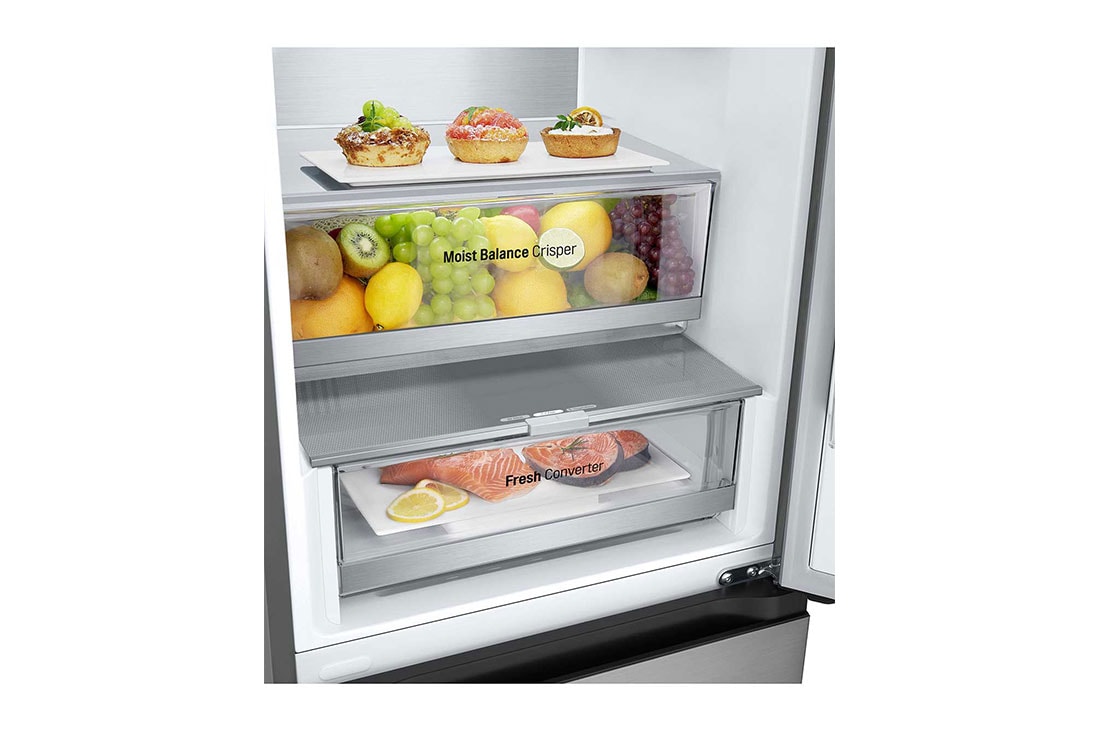 LG 1.86M 344L Jääkaappipakastimet (Prime Silver) - Energialuokka D, Nature Fresh, Door Cooling+™ ja Smart Diagnosis™ Wi-Fi, drawer view with food stored, GBV5150DPY, thumbnail 9