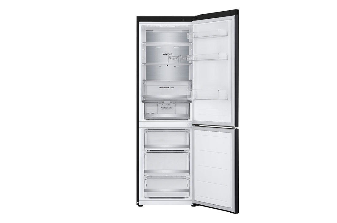 LG 1.86M 344L Jääkaappipakastimet (Essence Matte Black) - Energialuokka D, Nature Fresh, Door Cooling+™ ja Smart Diagnosis™ Wi-Fi, front open view with  food , GBV5150DEP, thumbnail 3