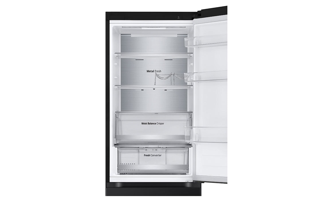 LG 1.86M 344L Jääkaappipakastimet (Essence Matte Black) - Energialuokka D, Nature Fresh, Door Cooling+™ ja Smart Diagnosis™ Wi-Fi, left side view with food, GBV5150DEP, thumbnail 10