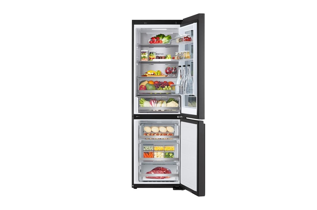 LG 186M 349L Jääkaappipakastimet(Essence Black) - Energialuokka C, InstaView™, Nature Fresh, Door Cooling+™ Smart Diagnosis™ Wi-Fi, front open with food stored, GBG5160CEV, thumbnail 2