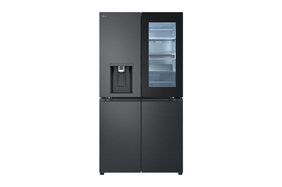 LG 638L InstaView Craft Ice French Door Side-by-Side (Essence Black Steel) - Energialuokka E, Vesi/jää ilman vesijohtoliitäntää, Smart Diagnosis™ med Wi-Fi, Front view with food, GMG960EVEE, thumbnail 2