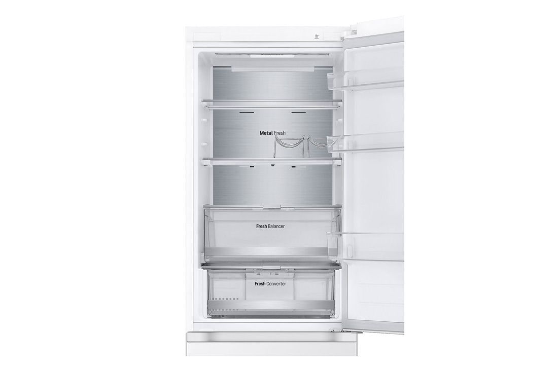 LG 1.86M 344L Jääkaappipakastimet (Valkoinen) - Energialuokka E, Nature Fresh, Door Cooling+™ ja Smart Diagnosis™ - Wi-Fi, front view with empty single door open, GBV7170ESW, thumbnail 4