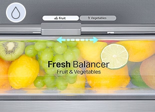 Lähikuva hedelmillä täytetystä Fresh Balancer -laatikosta, jossa on kosteustason valitsin hedelmille ja vihanneksille. Laatikon kosteustaso on asetettu hedelmille sopivaksi.