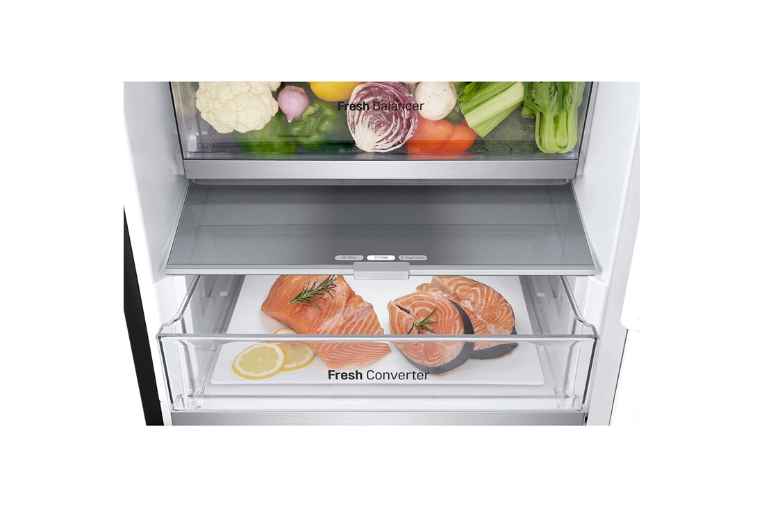 LG 2.03M 387L Jääkaappipakastimet (Essence Black) - Energialuokka A, Nature Fresh, Door Cooling+™ ja Smart Diagnosis™, top zoom view, GBVE2801EV, thumbnail 6