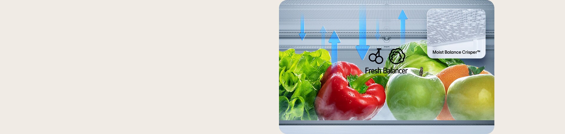 LG-jääkaappipakastimen (GBBS726CPY) Fresh Balancerissa on salaatti, paprika, appelsiini & omenoita; nuolia ylös & alas & Moist Balance Crisper läheltä