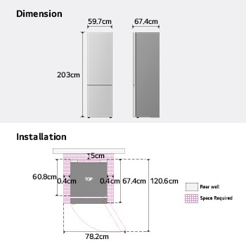 LG 1.86m 333L Jääkaappipakastin (Valkoinen) | Energialuokka D, Door Cooling+™ ja Smart Diagnosis™ Wi-Fi-yhteydellä, LG-jääkaappipakastimen (GBBS726CPY) mitat ja asennus, GBBS514DSW, thumbnail 15