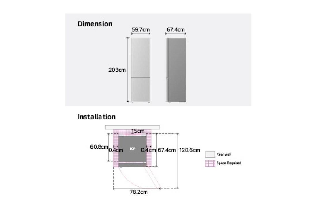 LG 1.86m 333L Jääkaappipakastin (Valkoinen) | Energialuokka D, Door Cooling+™ ja Smart Diagnosis™ Wi-Fi-yhteydellä, LG-jääkaappipakastimen (GBBS726CPY) mitat ja asennus, GBBS514DSW, thumbnail 15