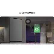 LG 1.86m 333L Jääkaappipakastin (Valkoinen) | Energialuokka D, Door Cooling+™ ja Smart Diagnosis™ Wi-Fi-yhteydellä, LG-jääkaappipakastin (GBBS726CPY) oleskelutilassa, jossa on yökaupunkimaisema ja sen yllä AI Saving Mode -grafiikka ja energiatilasto, GBBS514DSW, thumbnail 5