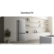 LG 1.86m 333L Jääkaappipakastin (Valkoinen) | Energialuokka D, Door Cooling+™ ja Smart Diagnosis™ Wi-Fi-yhteydellä, LG-jääkaappipakastin (GBBS726CPY) korkeassa beigessä kaapistossa ja valkoiset nuolet osoittavat ylä-, sivu- ja etupintoja, GBBS514DSW, thumbnail 6