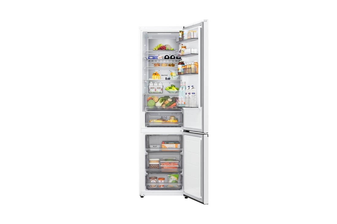 LG 2.03M 375L Jääkaappipakastin (Valkoinen) | Energialuokka D, Door Cooling+™ ja Smart Diagnosis™ Wi-Fi-yhteydellä, Näkymä LG-jääkaappipakastimeen (GBBS726CPY), jonka ovi on täysin auki, ja jääkaappi- ja pakastinosiot näkyvät, GBBS524DSW, thumbnail 2