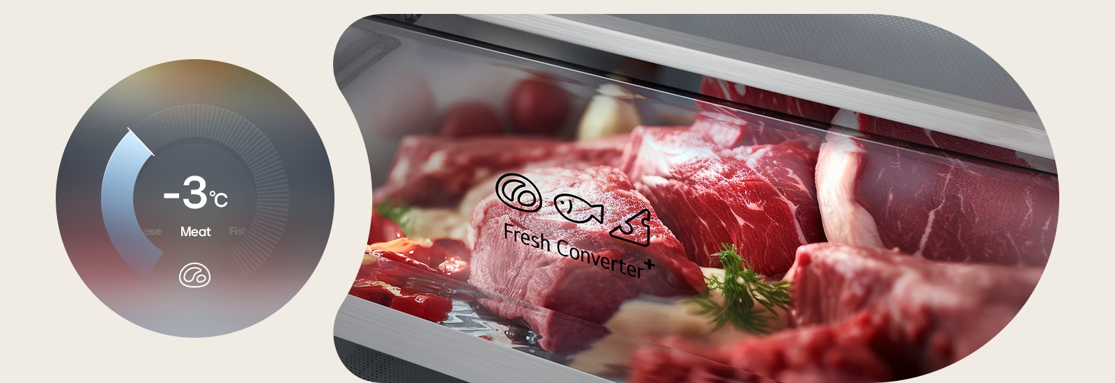 LG-jääkaappipakastin (GBBS726CPY) -grafiikka pyöreällä kaaviolla, jossa vas. –3&nbsp;°C ja oik. tuoretta lihaa Fresh Converter -laatikossa