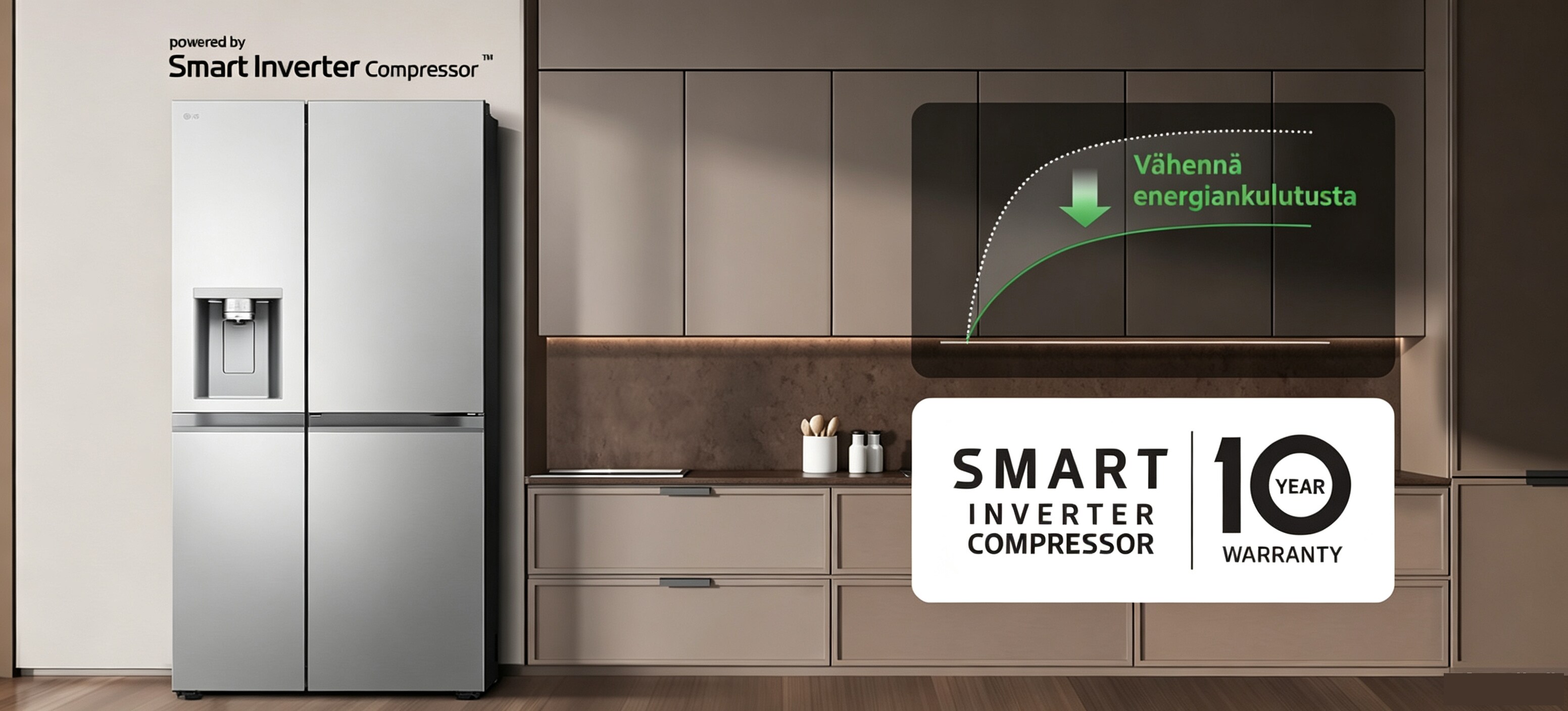 Jääkaappi on asennettu keittiön seinälle, ja kaavio näyttää, kuinka energiaa säästyy Smart Inverter Compressor™ -ominaisuuden avulla.